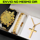 Kit Masculino Gold Premium – Colar Banhado a Ouro + Pingente Cruz + Pulseira de Luxo