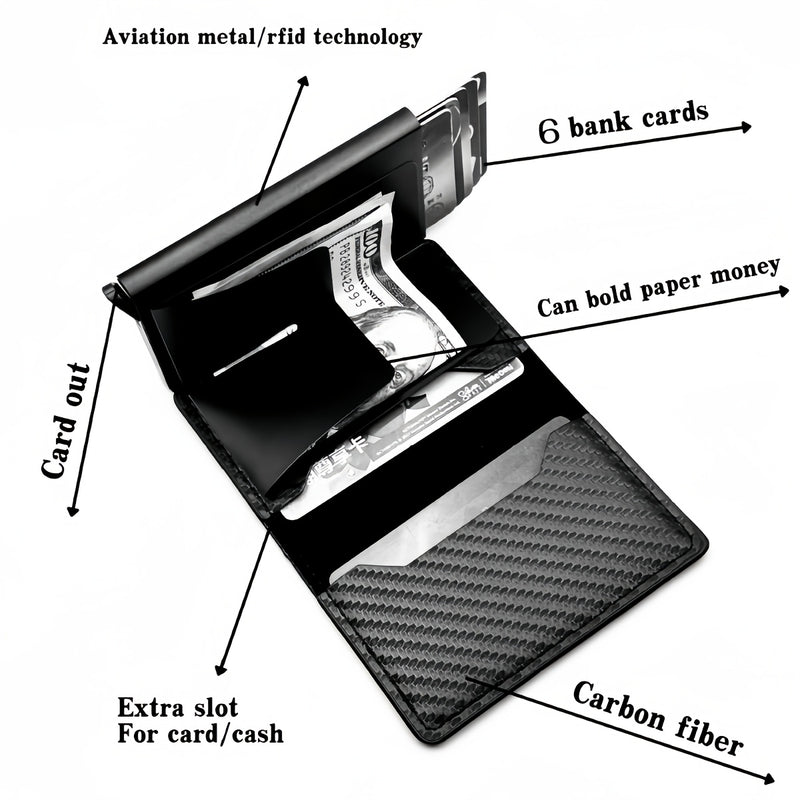 Carteira Masculina Pop-Up Antirroubo RFID – Compacta, Durável e com Design em Fibra de Carbono