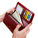 Carteira Longa Feminina com Hardware Dourado – Modelo Double-Fold com Porta-Cartões e Forro em Poliéster (Preta/Vinho)