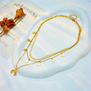 Colar Feminino 3 em 1 em Aço Inoxidável Dourado – Pingente Lua e Estrelas Estilo Vintage