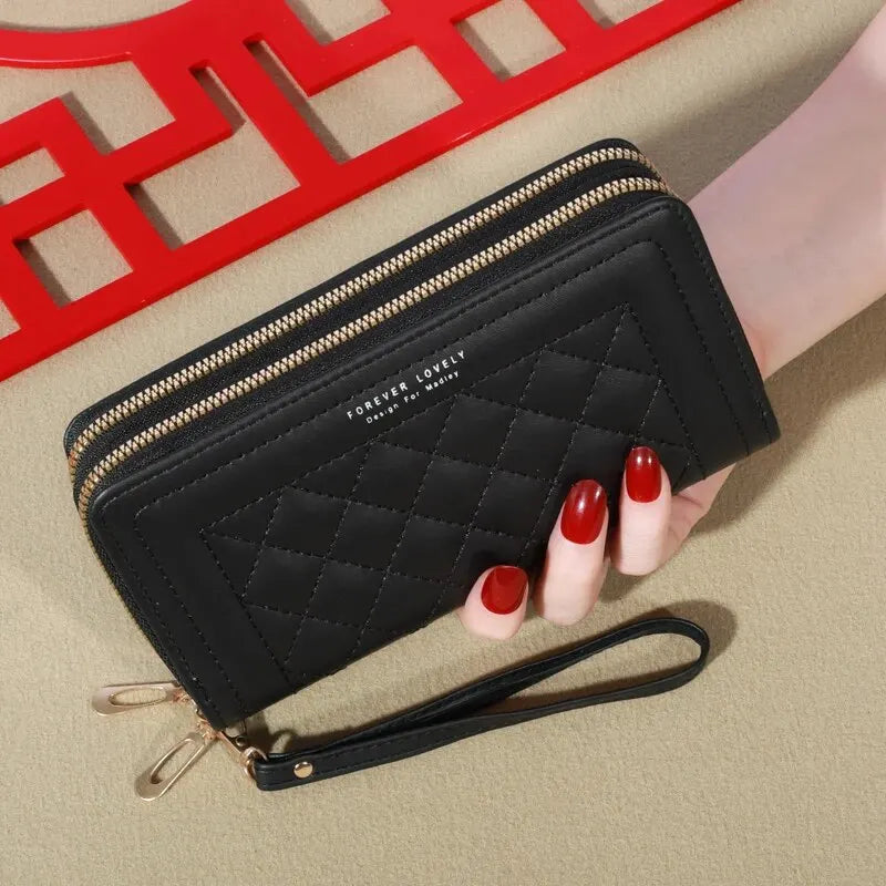 Carteira Feminina Longa de Couro PU – Luxuosa, com Duplo Zíper, Porta Cartões, Porta Moedas com Tassel e Espaço para Celular