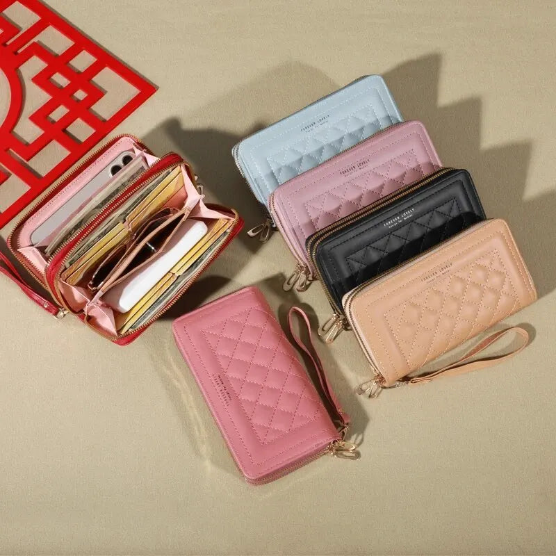 Carteira Feminina Longa de Couro PU – Luxuosa, com Duplo Zíper, Porta Cartões, Porta Moedas com Tassel e Espaço para Celular