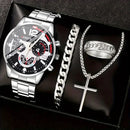 Conjunto Masculino 4 Peças – Relógio de Quartzo com Calendário, Colar de Cruz, Pulseira e Anel