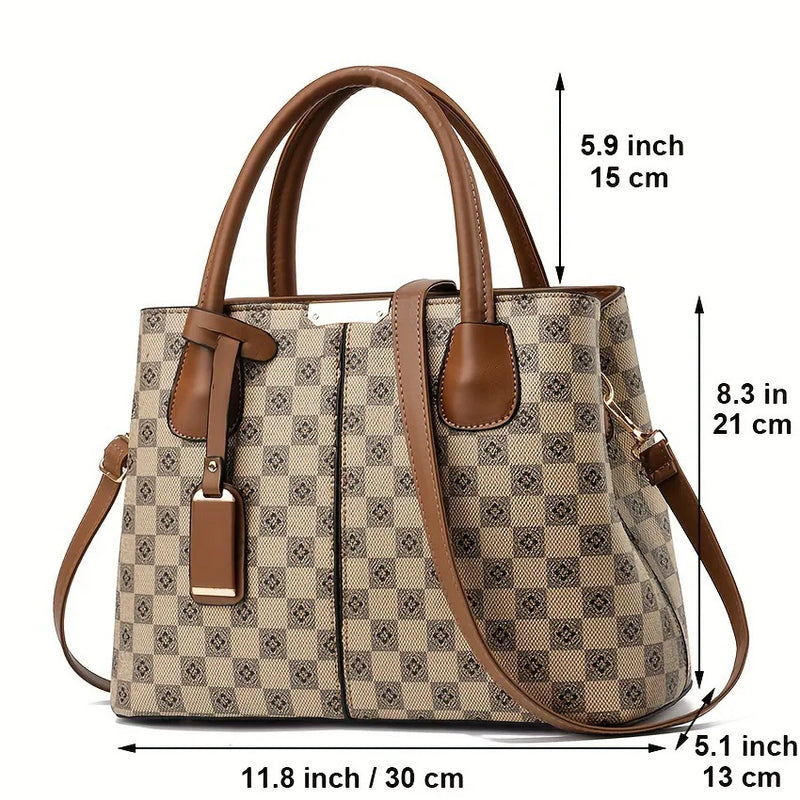Bolsa Elegante Feminina com Estampa Xadrez Floral – Versátil, com Zíper, Alça Ajustável e Forro em Poliéster