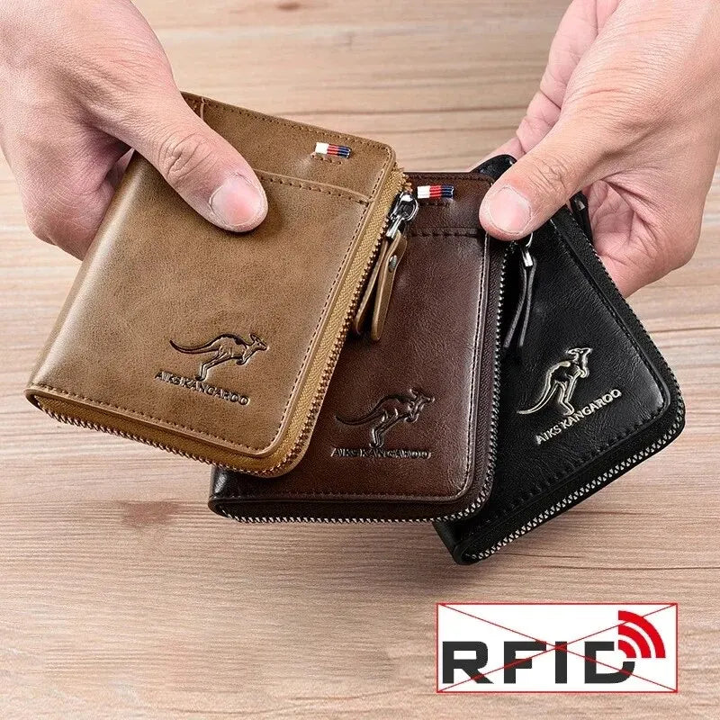 Carteira Masculina de Couro Luxo com Zíper, Porta-Cartões e Proteção RFID
