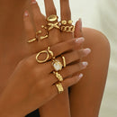 Conjunto 12 Peças Anéis Femininos Geométricos Irregulares – Metal Banhado, Ajustáveis, Joias de Moda para Festa