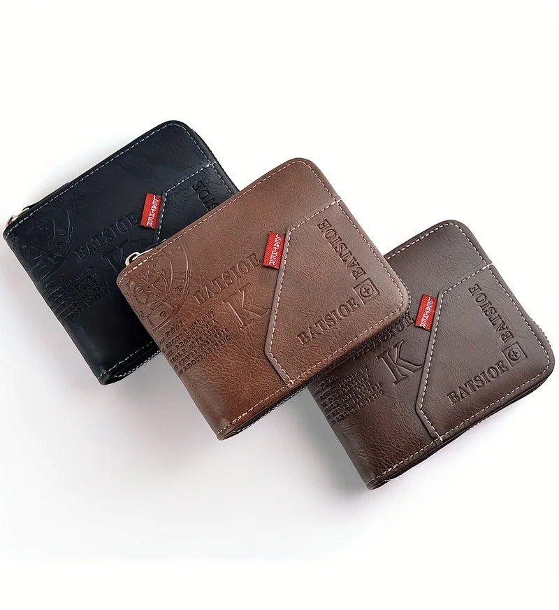 Carteira Masculina Compacta em Couro PU – Com Zíper, Porta-Cartões e Porta-Moedas
