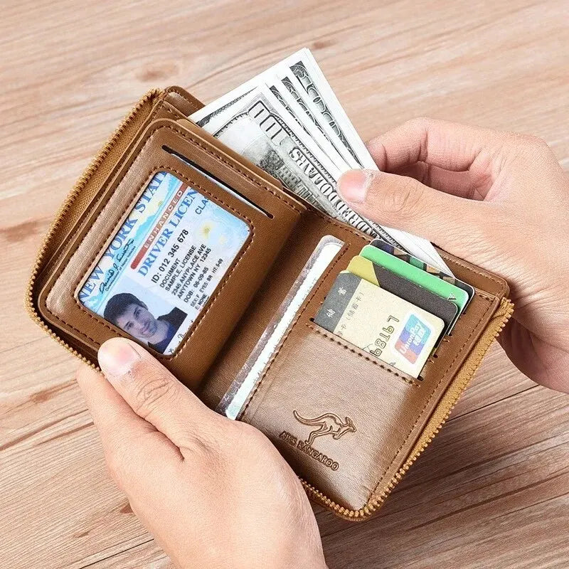 Carteira Masculina de Couro Luxo com Zíper, Porta-Cartões e Proteção RFID