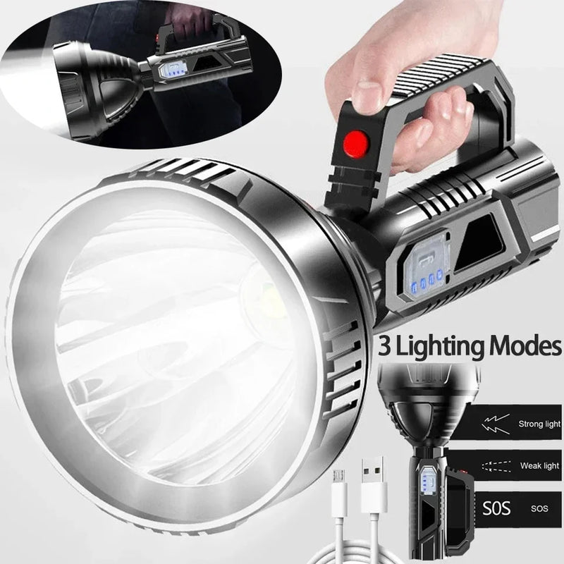 Lanterna LED Recarregável de Alta Potência – Holofote Potente, À Prova d’Água, Ideal para Pesca, Camping e Emergências
