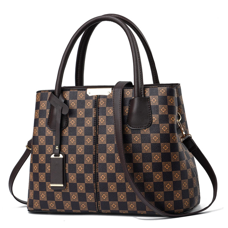 Bolsa Elegante Feminina com Estampa Xadrez Floral – Versátil, com Zíper, Alça Ajustável e Forro em Poliéster