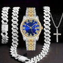 Conjunto Masculino 4PCS Relógio Bling com Strass, Mostrador Redondo Quartz + Colar Cuban Chain