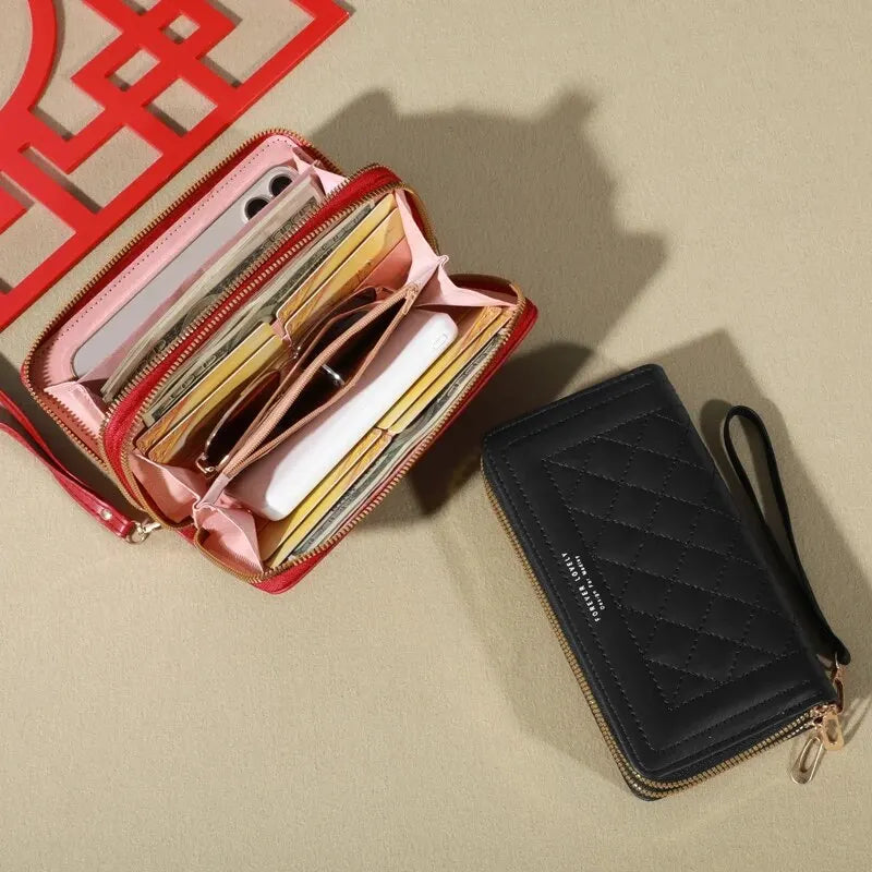 Carteira Feminina Longa de Couro PU – Luxuosa, com Duplo Zíper, Porta Cartões, Porta Moedas com Tassel e Espaço para Celular