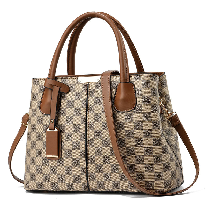 Bolsa Elegante Feminina com Estampa Xadrez Floral – Versátil, com Zíper, Alça Ajustável e Forro em Poliéster