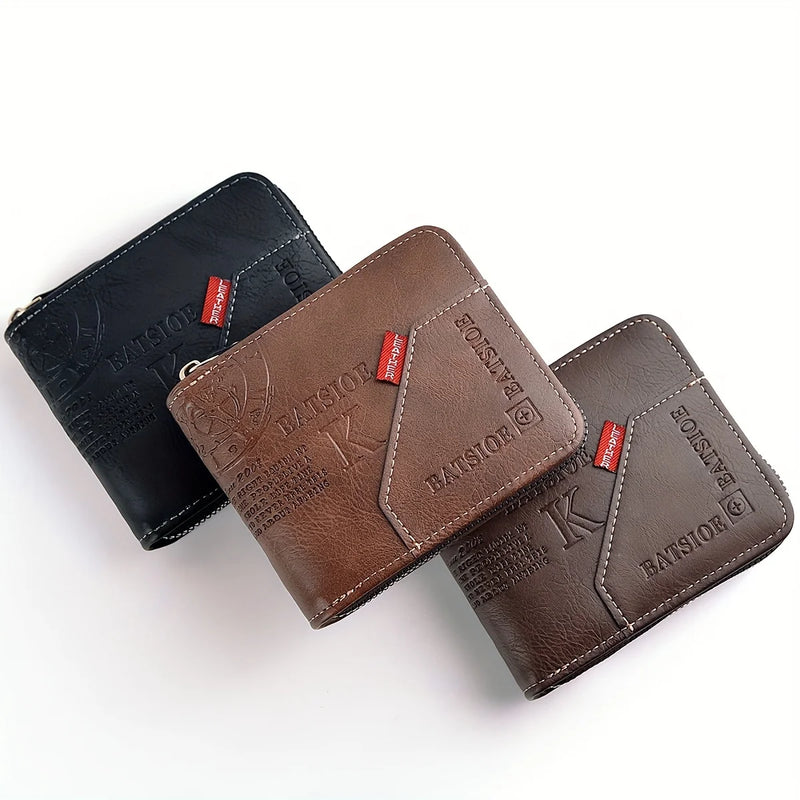 Carteira Masculina Compacta em Couro PU – Com Zíper, Porta-Cartões e Porta-Moedas