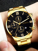 Conjunto Masculino 4 Peças – Relógio de Quartzo com Calendário, Colar de Cruz, Pulseira e Anel