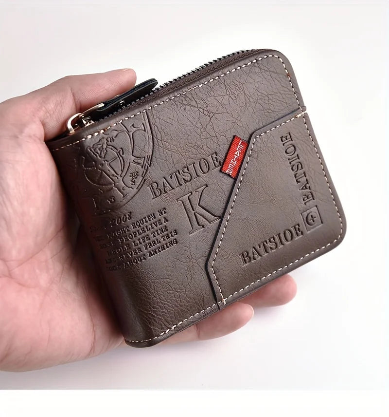 Carteira Masculina Compacta em Couro PU – Com Zíper, Porta-Cartões e Porta-Moedas