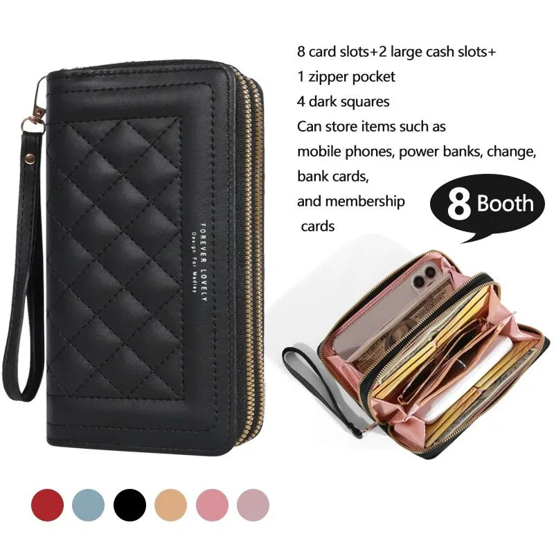Carteira Feminina Longa de Couro PU – Luxuosa, com Duplo Zíper, Porta Cartões, Porta Moedas com Tassel e Espaço para Celular