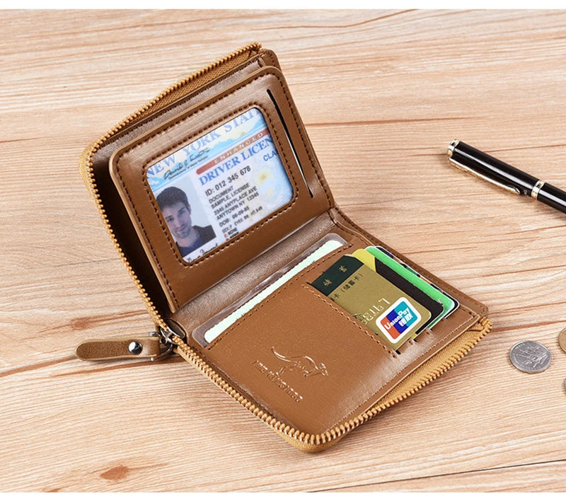 Carteira Masculina de Couro Luxo com Zíper, Porta-Cartões e Proteção RFID