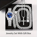 Conjunto Masculino 4PCS Relógio Bling com Strass, Mostrador Redondo Quartz + Colar Cuban Chain