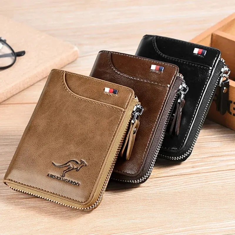 Carteira Masculina de Couro Luxo com Zíper, Porta-Cartões e Proteção RFID