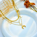 Colar Feminino 3 em 1 em Aço Inoxidável Dourado – Pingente Lua e Estrelas Estilo Vintage
