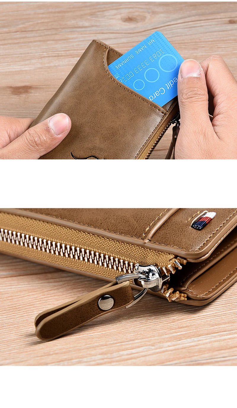 Carteira Masculina de Couro Luxo com Zíper, Porta-Cartões e Proteção RFID