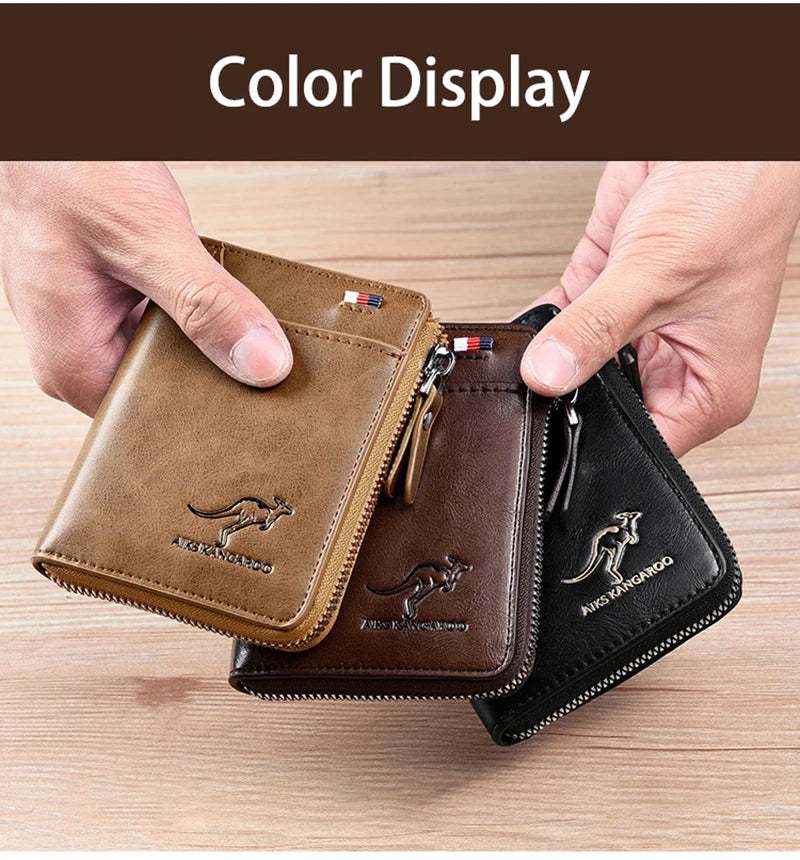Carteira Masculina de Couro Luxo com Zíper, Porta-Cartões e Proteção RFID