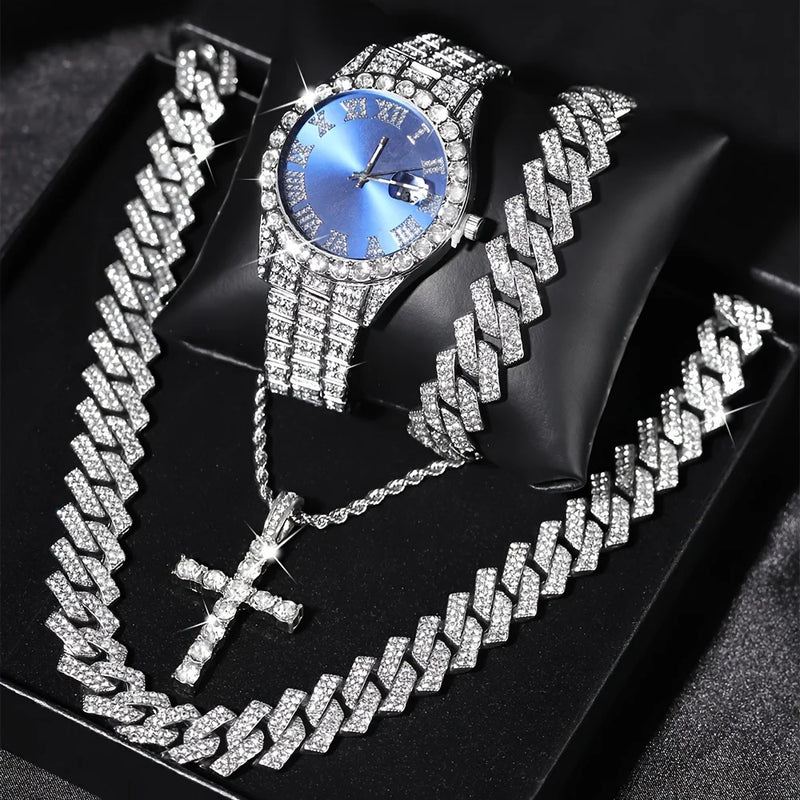 Conjunto Masculino 4PCS Relógio Bling com Strass, Mostrador Redondo Quartz + Colar Cuban Chain