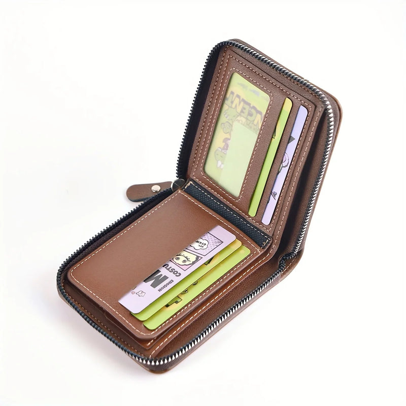 Carteira Masculina Compacta em Couro PU – Com Zíper, Porta-Cartões e Porta-Moedas
