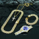 Conjunto Masculino 4PCS Relógio Bling com Strass, Mostrador Redondo Quartz + Colar Cuban Chain