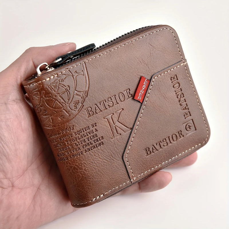 Carteira Masculina Compacta em Couro PU – Com Zíper, Porta-Cartões e Porta-Moedas