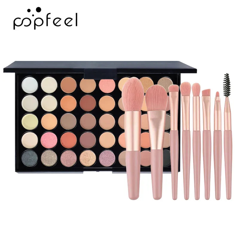 Paleta de Sombras POPFEEL com 40 Cores e 8 Pincéis – Alta Pigmentação, Acabamento Fosco e Brilhante de Longa Duração