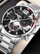 Kit Masculino Business: Relógio de Quartzo em Liga Prateada com Calendário + Pulseiras e Colar Cubano