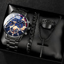 Conjunto Masculino 4 Peças – Relógio de Quartzo com Calendário, Colar de Cruz, Pulseira e Anel