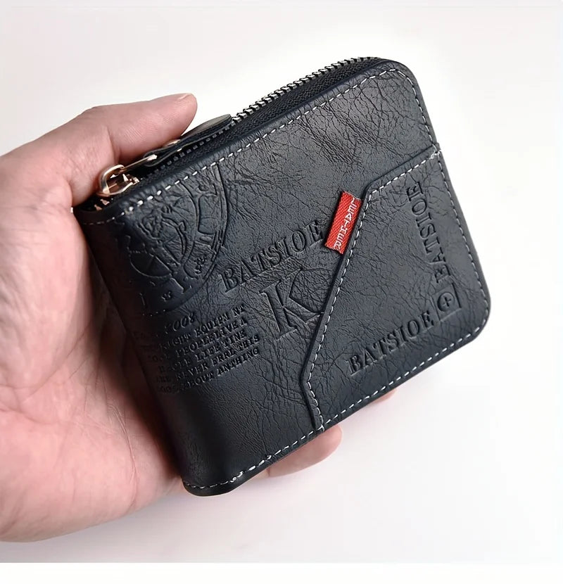 Carteira Masculina Compacta em Couro PU – Com Zíper, Porta-Cartões e Porta-Moedas