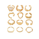 Conjunto 12 Peças Anéis Femininos Geométricos Irregulares – Metal Banhado, Ajustáveis, Joias de Moda para Festa