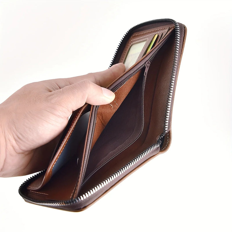 Carteira Masculina Compacta em Couro PU – Com Zíper, Porta-Cartões e Porta-Moedas