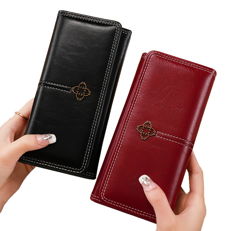 Carteira Longa Feminina com Hardware Dourado – Modelo Double-Fold com Porta-Cartões e Forro em Poliéster (Preta/Vinho)